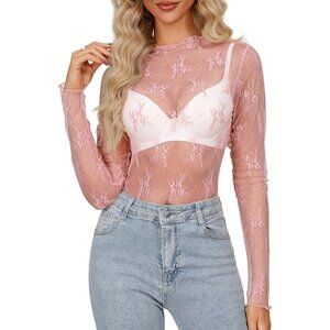 🆕Women' Pink Mesh Sheer Top Long Sleeve Mock Neck Lace Floral Blouse Polyamide